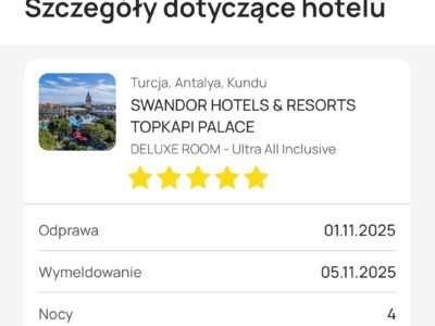 Sprzedam wakacje all inclusive w Turcji, 5* Swandor Topkapi Palace, Riwiera Turecka- 1-5.11.25